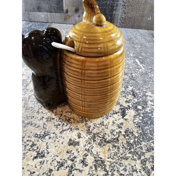 Vtg Bear and Beehive Honey Jar Pot & Dipper & Lid! CERAMIC! JAPAN! BEES! - Picture 3 of 7